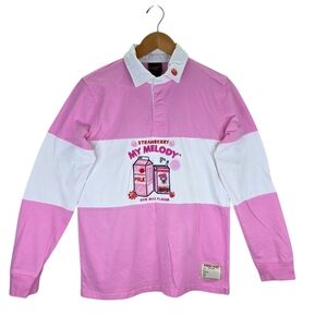 Sanrio My Melody Strawberry Milk Rugby Shirt Long Sleeve Polo Small Pink White